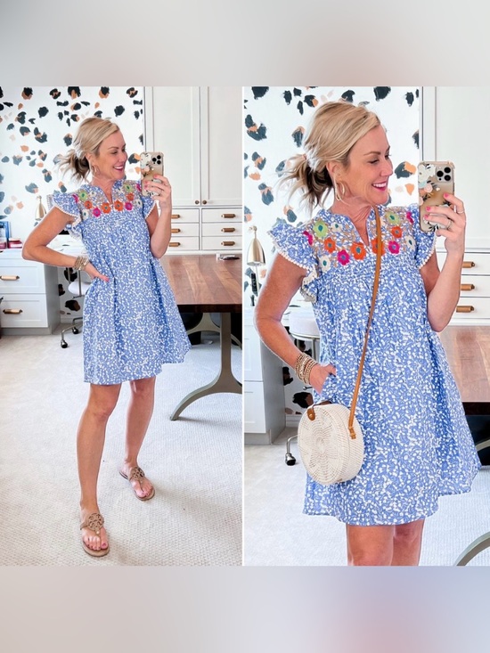 THML Dresses & Skirts - THML Blue Floral Embroidered Yoke Mini Dress